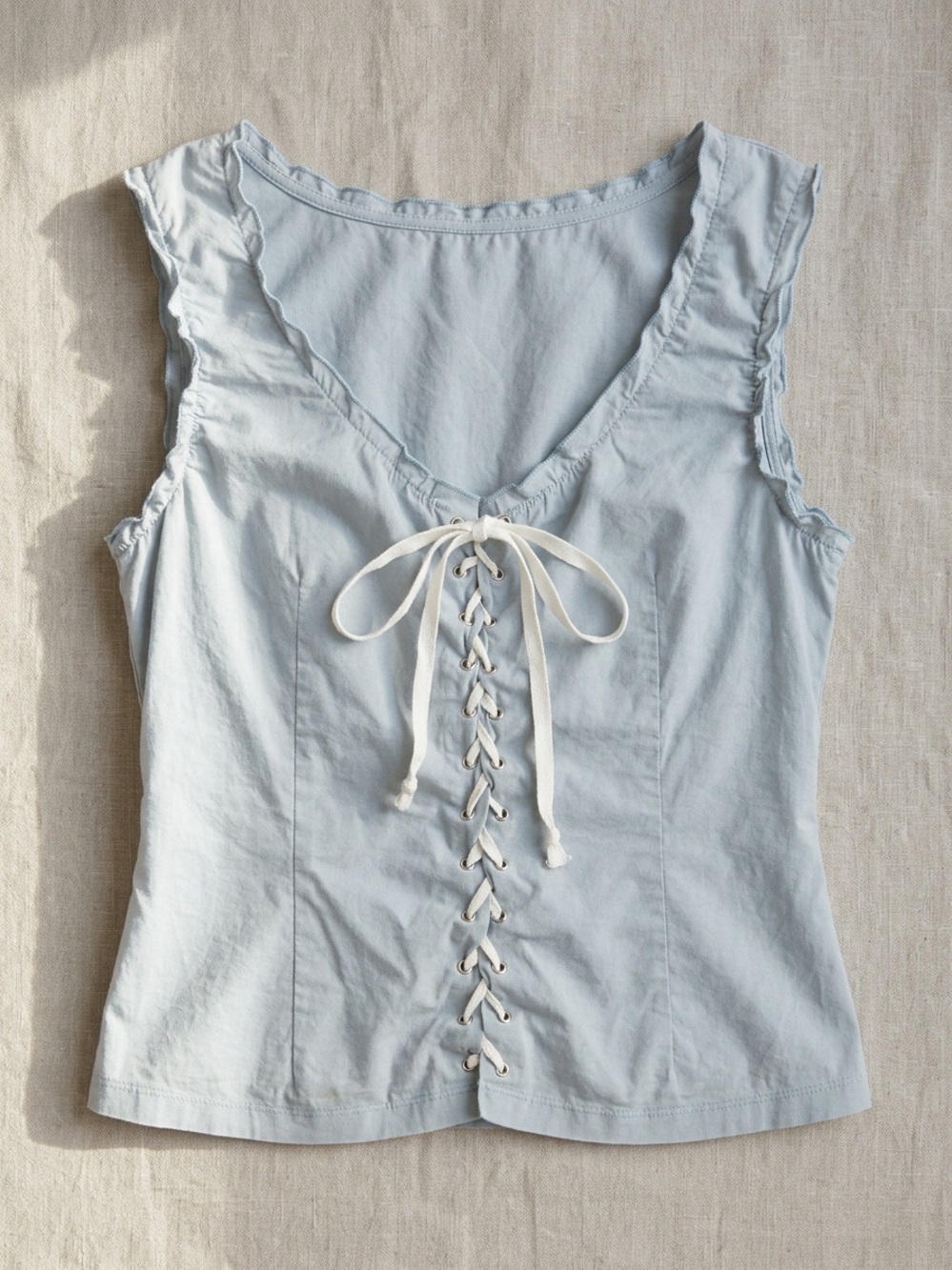SCOTT Light Blue Lace Up Corset Milkmaid Top Ruffle Trim Boho, Size Large